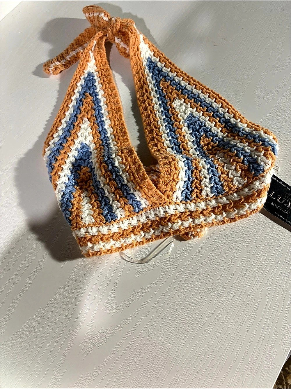 LUXE Refashioned Boutique Crochet Halter Top in Orange & Blue